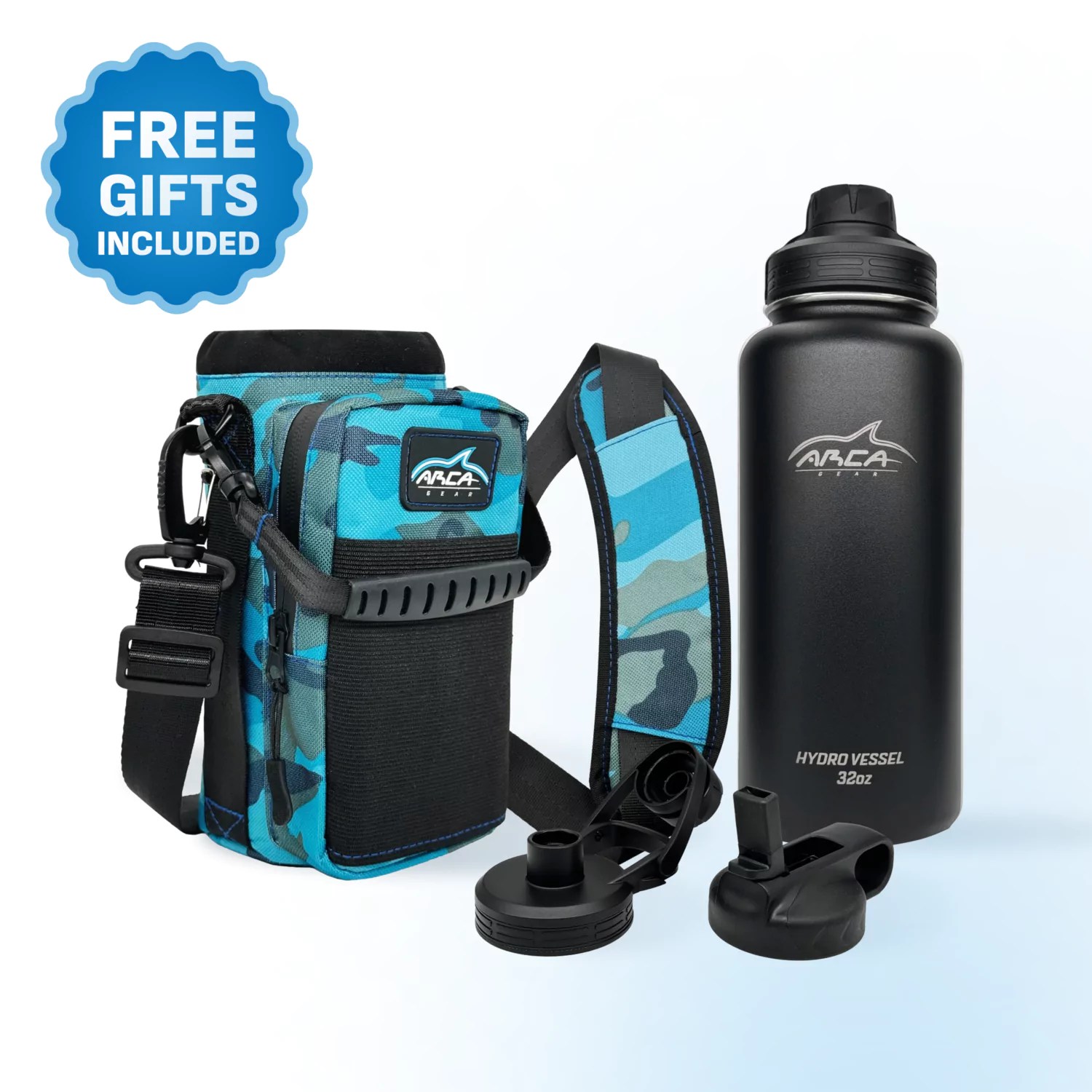 Camouflage bag and bottle set with interchangeable lids, featuring a 'Free Gifts Included' label.
