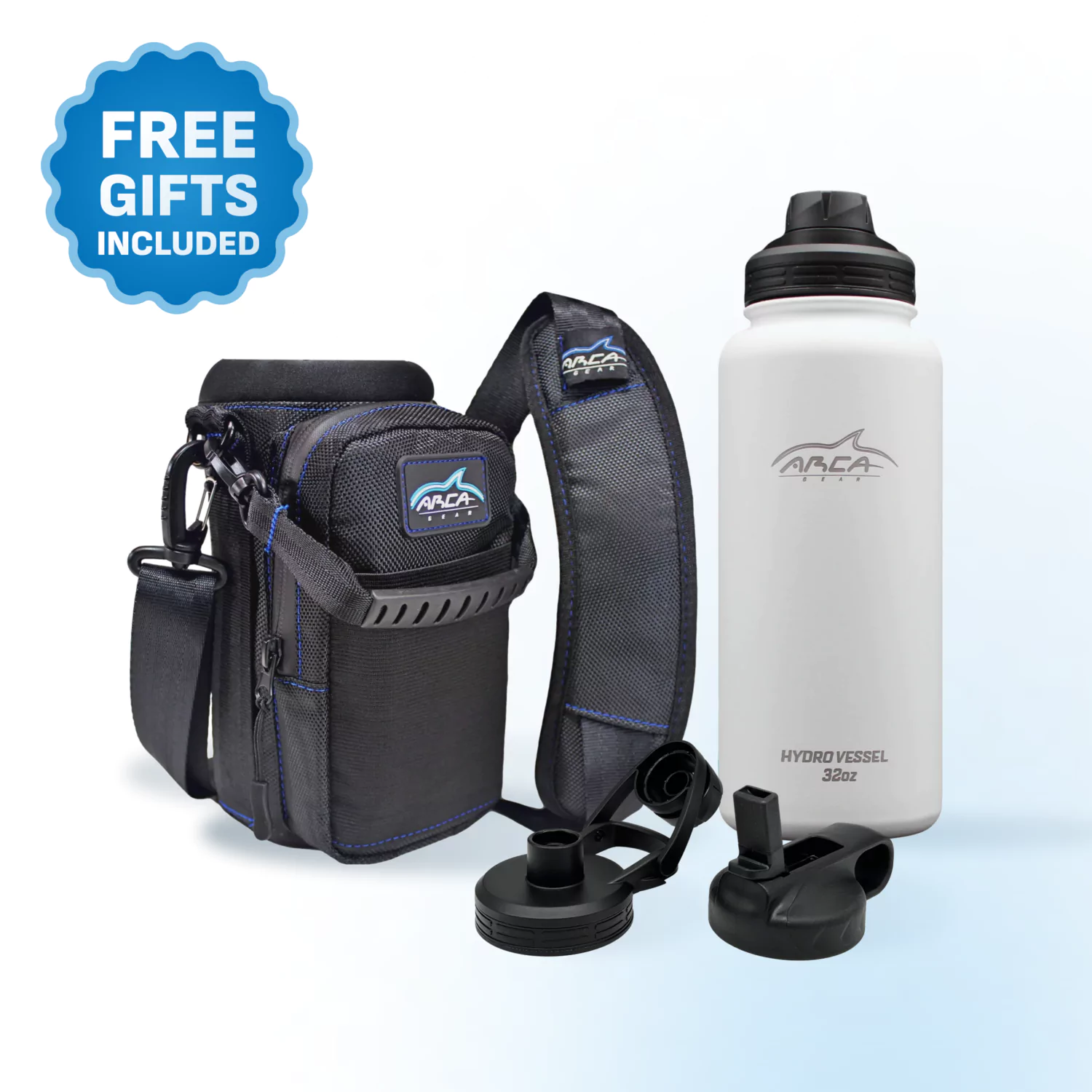 Insulated water bottle with carrying pouch, additional lids, and 'Free Gifts Included' badge.