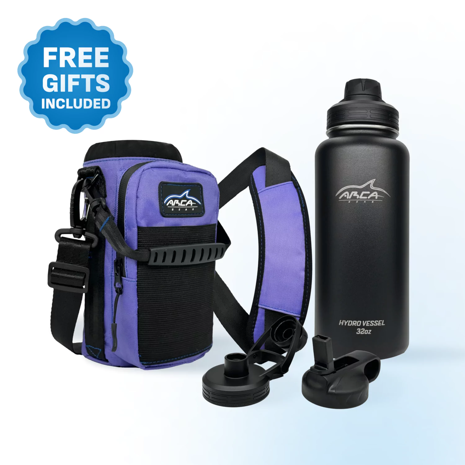 Purple insulated bottle carrier with black water bottle and spare lids.