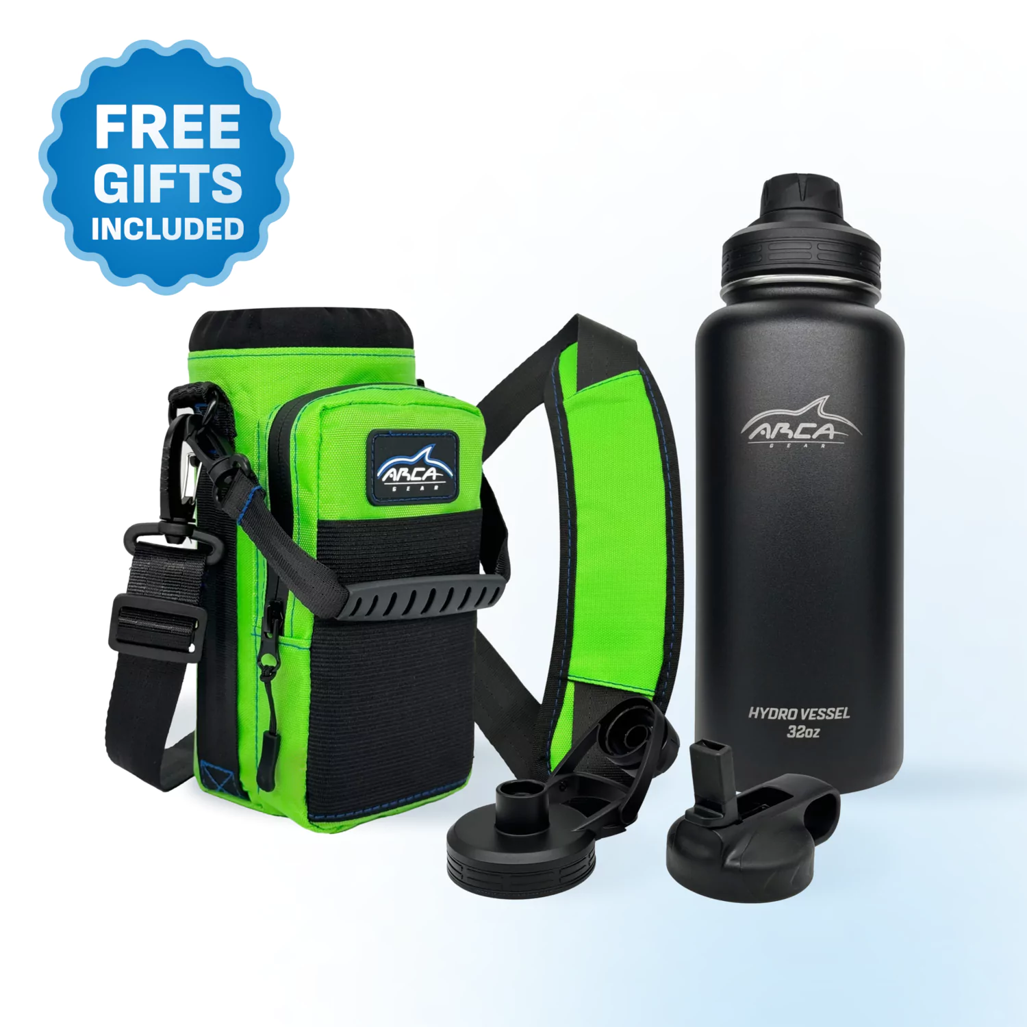 Green backpack and black water bottle with interchangeable lids.