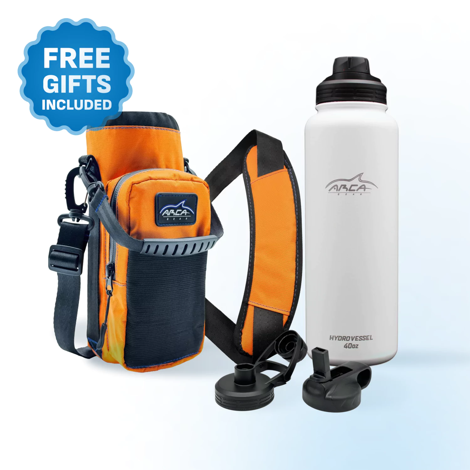 Orange hydration pack with a water bottle and extra caps.