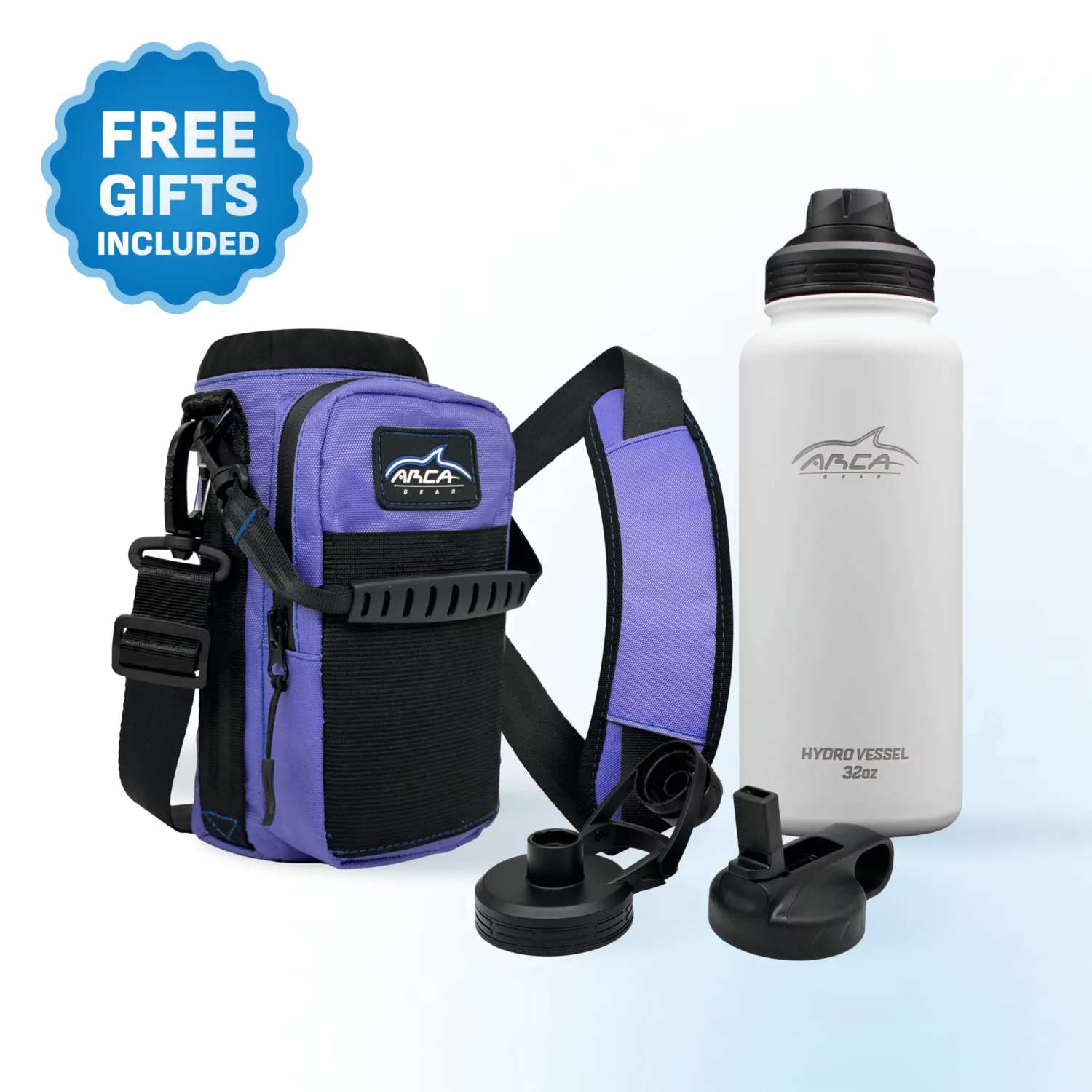 Purple insulated bottle carrier with strap, white water bottle, extra lids, and 'Free Gifts Included' badge.
