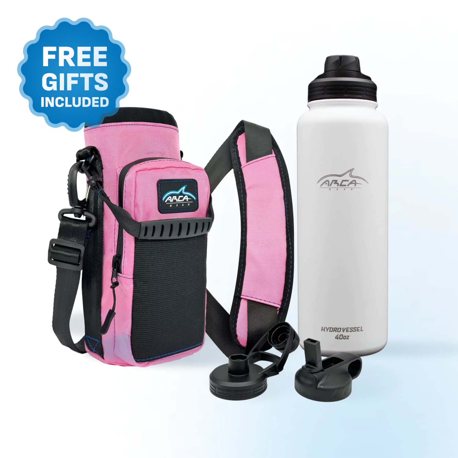 Pink bottle carrier and stainless steel water bottle with additional caps, featuring the logo 'Arca Gear.'