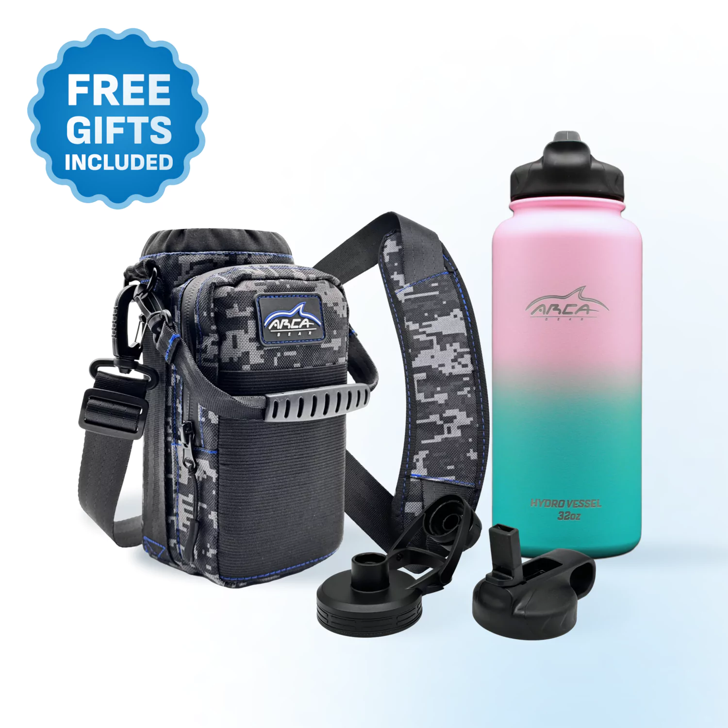 Digital camouflage bag with a pink-green water bottle and extra lids, 'Free gifts included' badge.