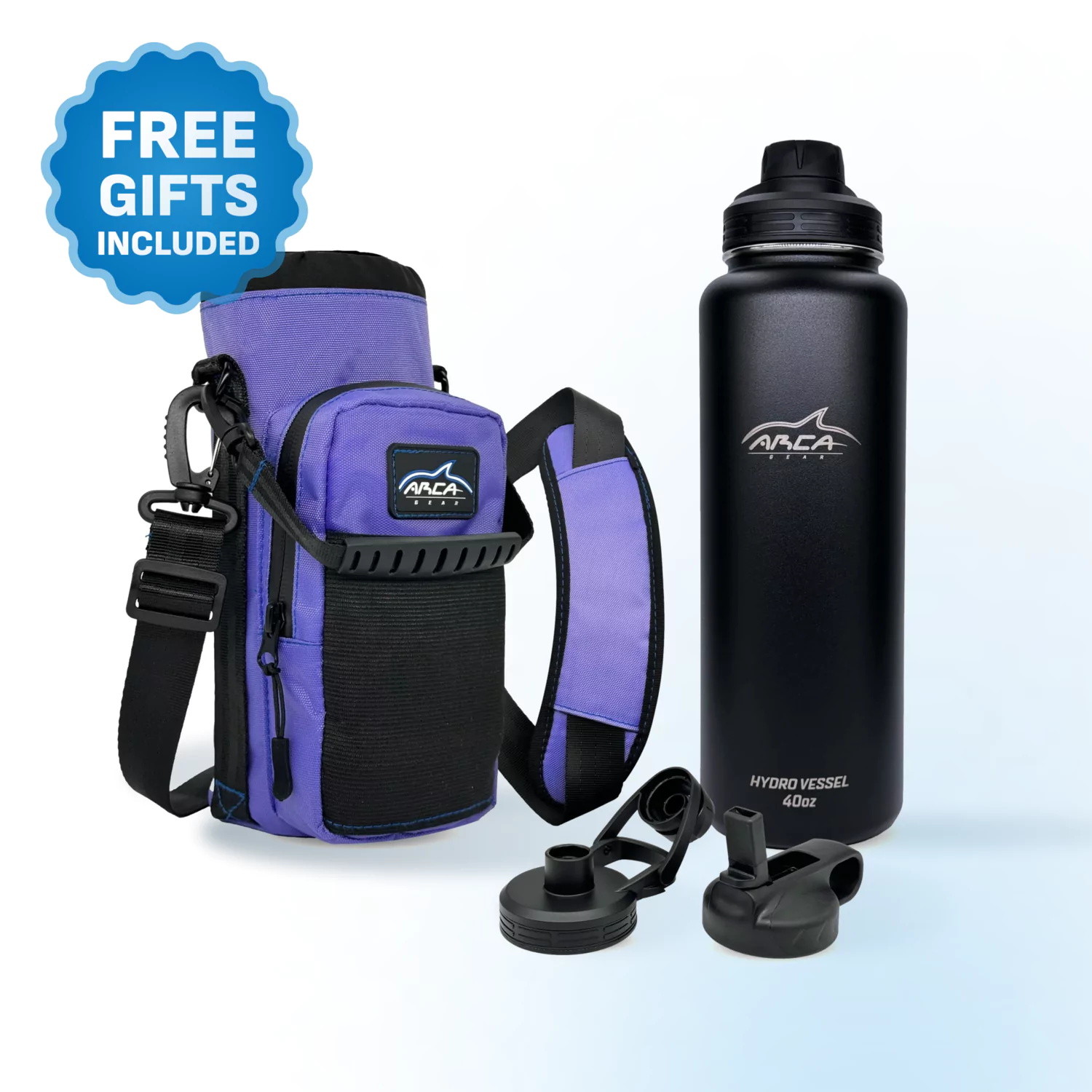 Black 40oz water bottle with purple carrying case and additional lids.