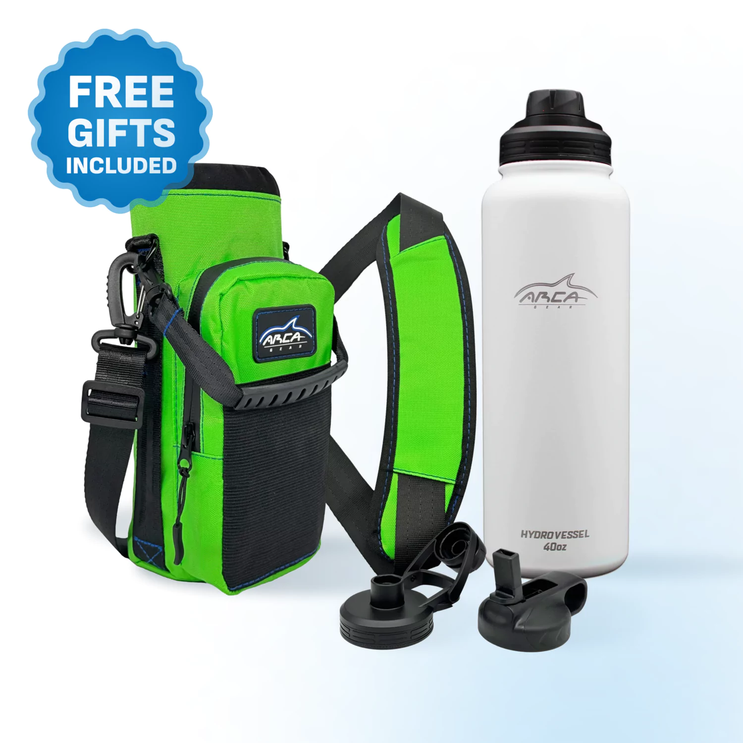 Green sling bag with strap and white water bottle featuring extra lids.