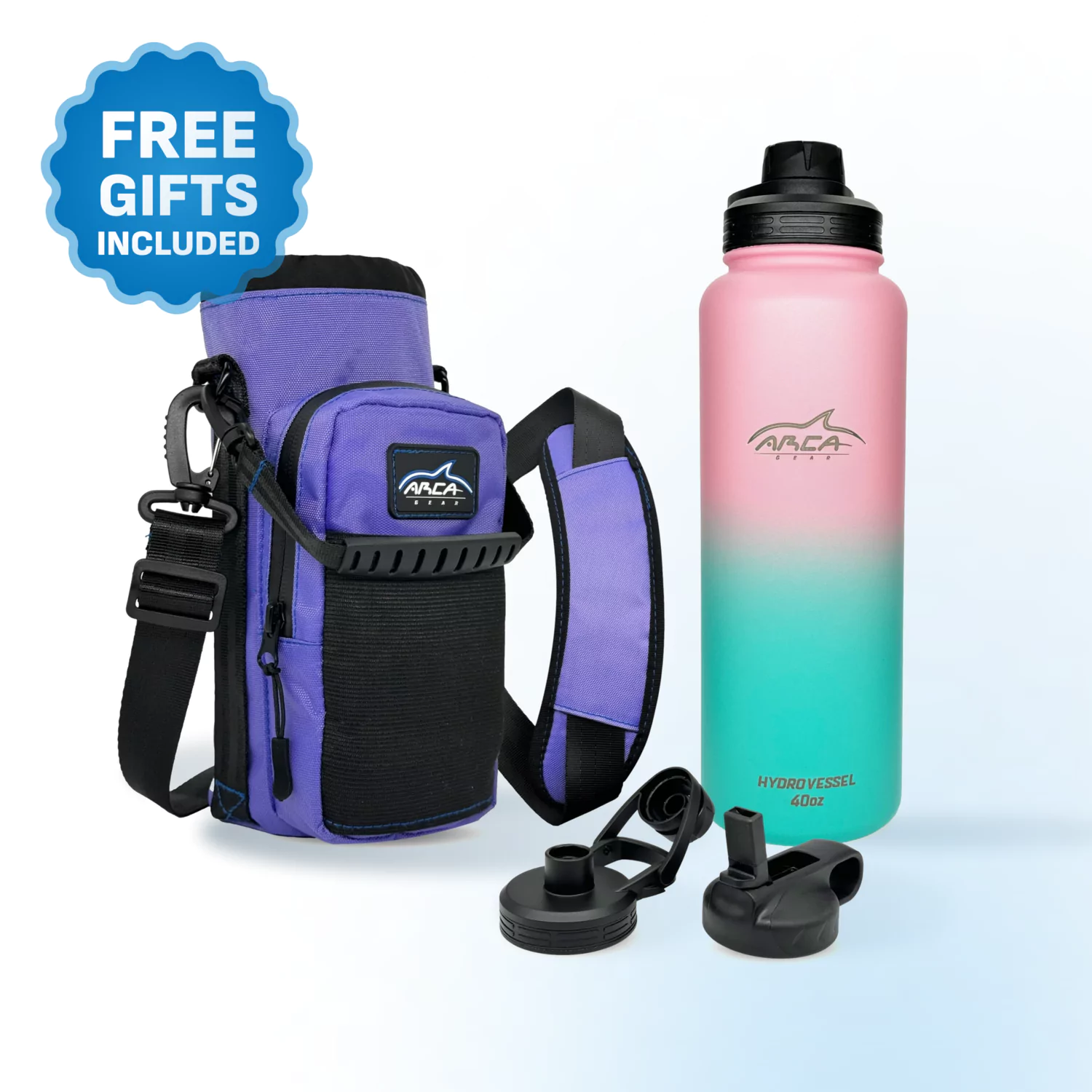 Purple carrier bag with a gradient water bottle and additional lids, labeled 'Free Gifts Included.'