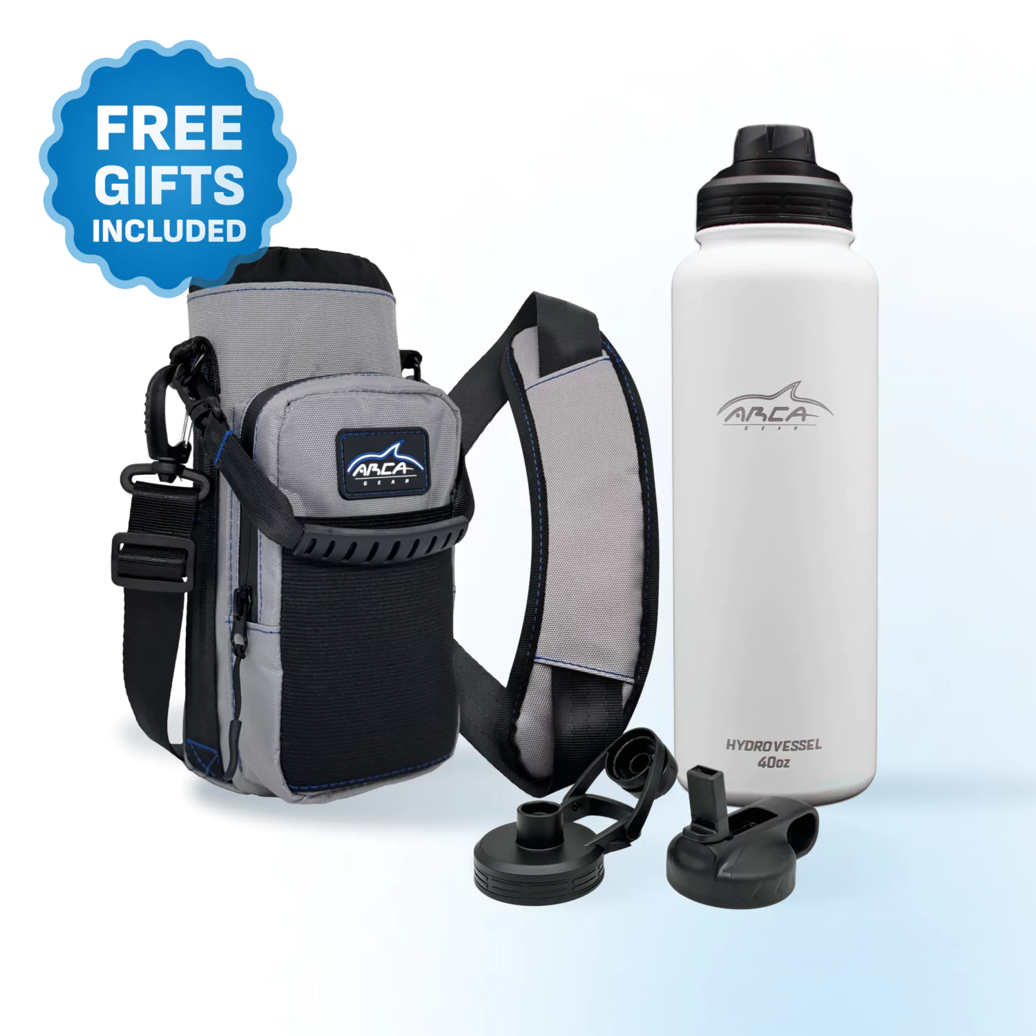 Insulated bottle with carrying case and extra lids; free gifts included label.
