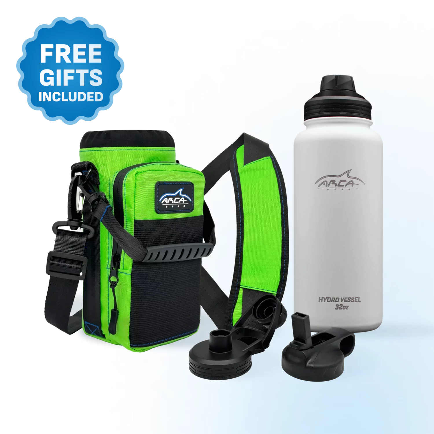 Green and black water bottle holder, white bottle, and accessories with 'Free Gifts Included' badge.