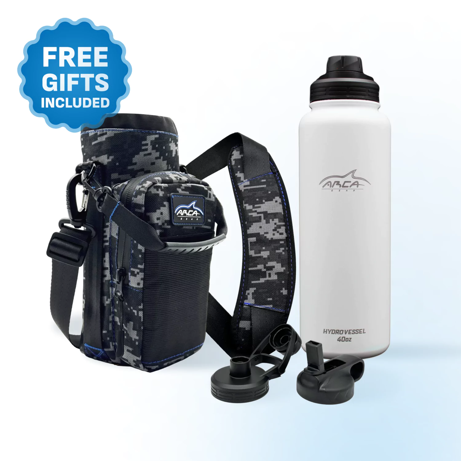 Camouflage water bottle holder with strap and 40oz white bottle, includes two lids.