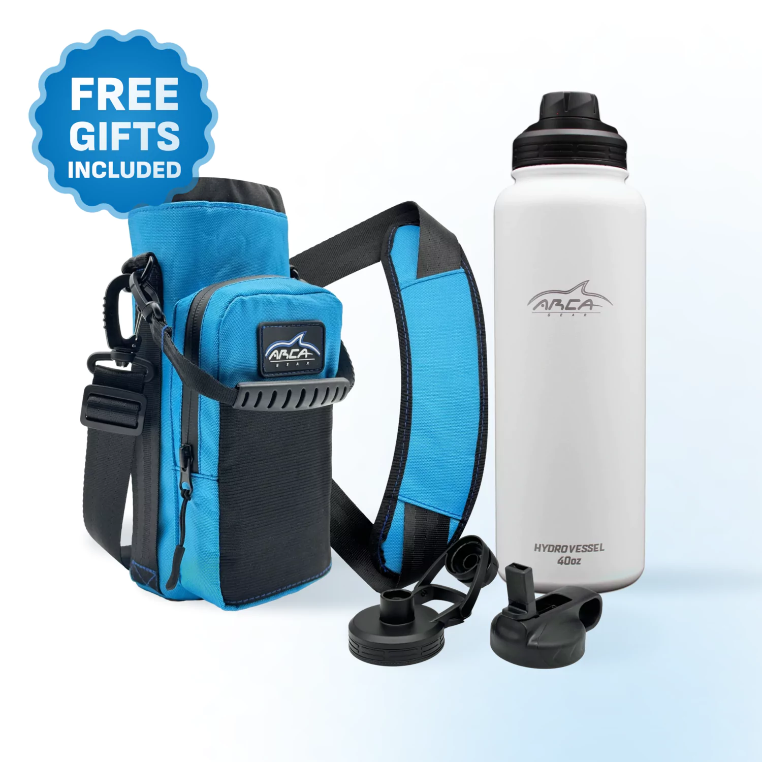 Blue carrying case with strap, white water bottle, and two black lids.