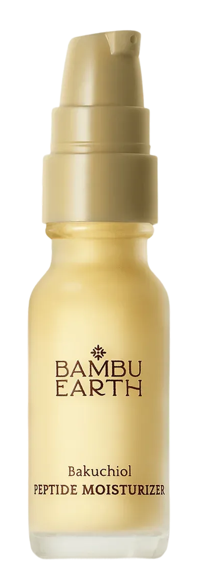 A small beige pump bottle labeled 'Bambu Earth Bakuchiol Peptide Moisturizer'.
