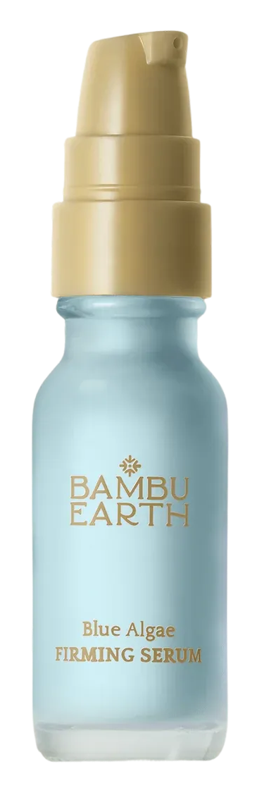 Blue bottle labeled 'Bambu Earth Blue Algae Firming Serum' with a beige pump top.