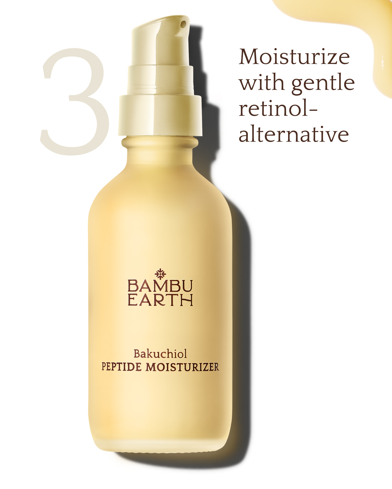 Yellow pump bottle labeled Bakuchiol Peptide Moisturizer, with text about moisturizing retinol-alternative.
