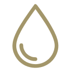 A simple, gold-colored line icon of a droplet on a black background.