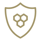 A tan outline of a shield containing a three-hexagon honeycomb pattern on a black background.