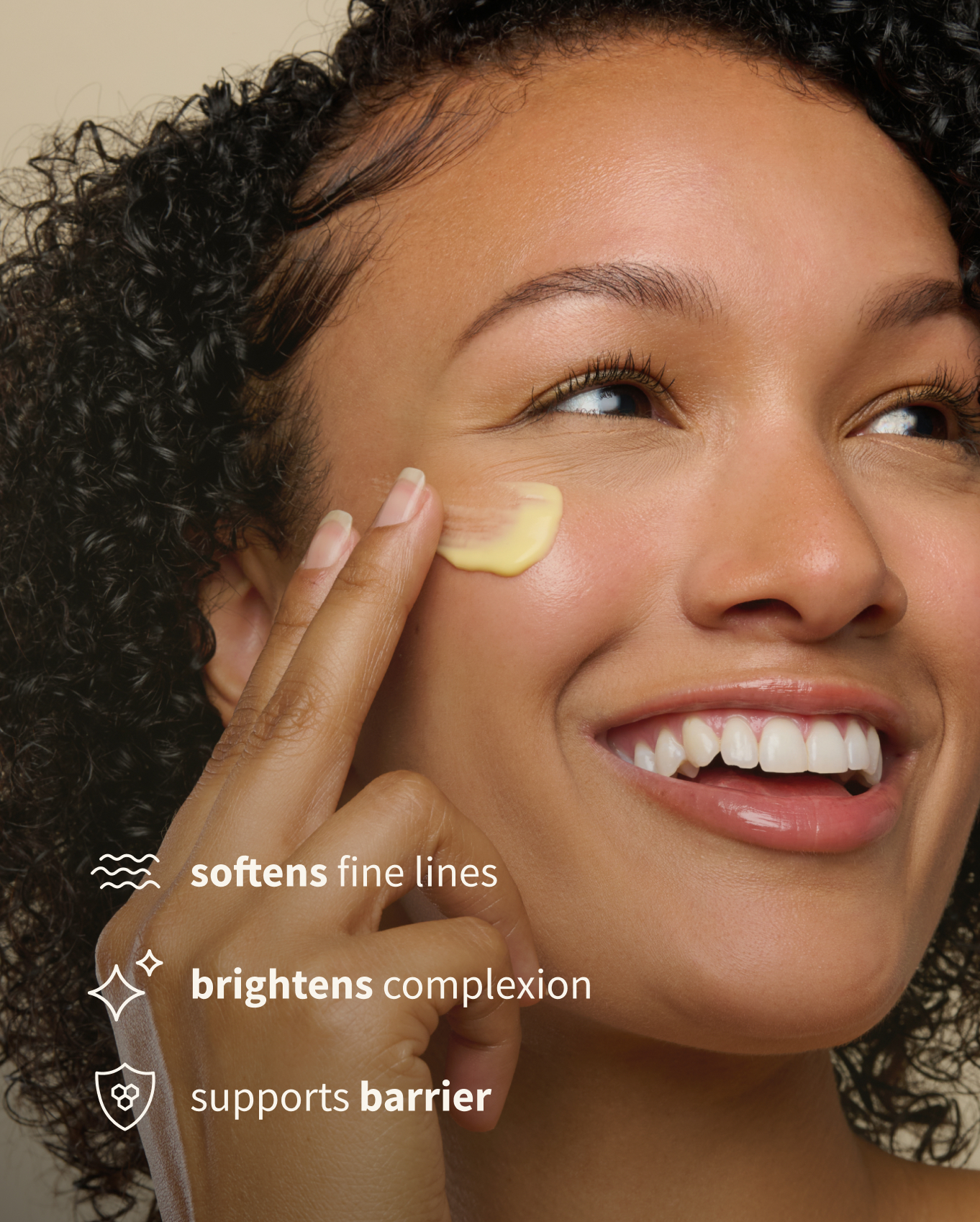 Person applying cream to face with skincare benefits text overlay.