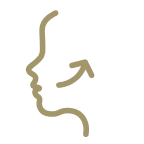 A line-drawing icon of a face in profile with a curved arrow pointing away from the mouth.