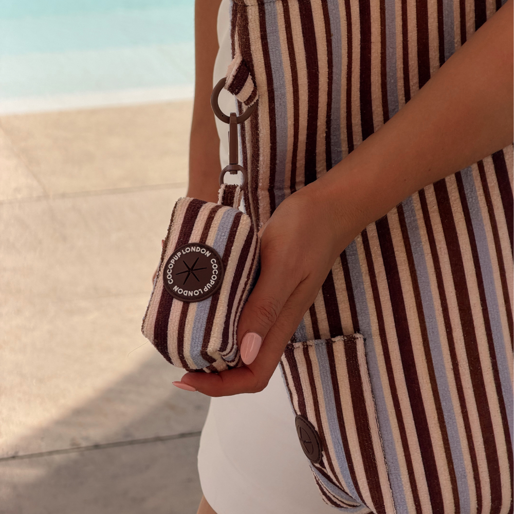 A person holds a small, striped pouch attached to a matching striped tote bag outdoors.