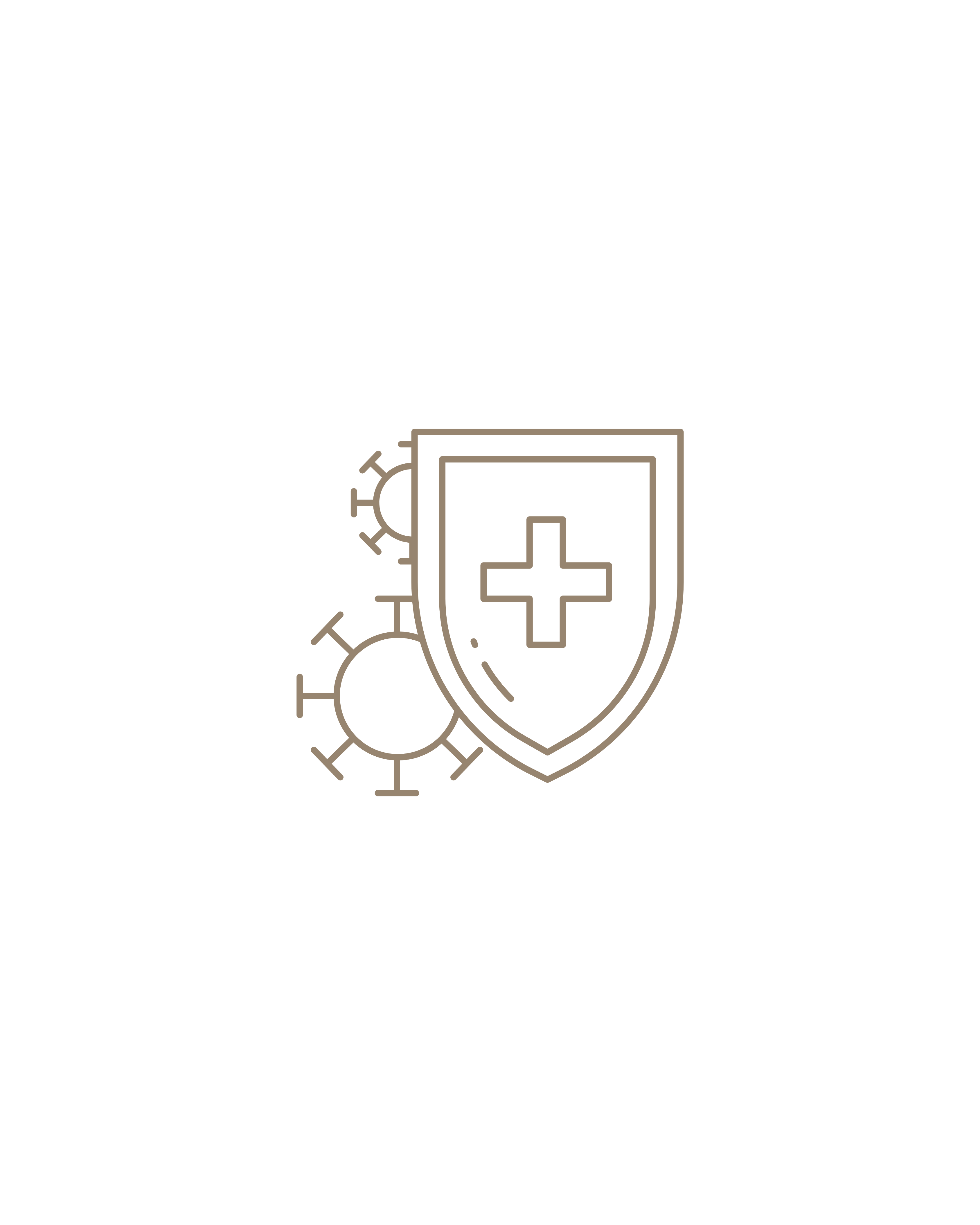 Shield with a cross and virus icons on a black background.