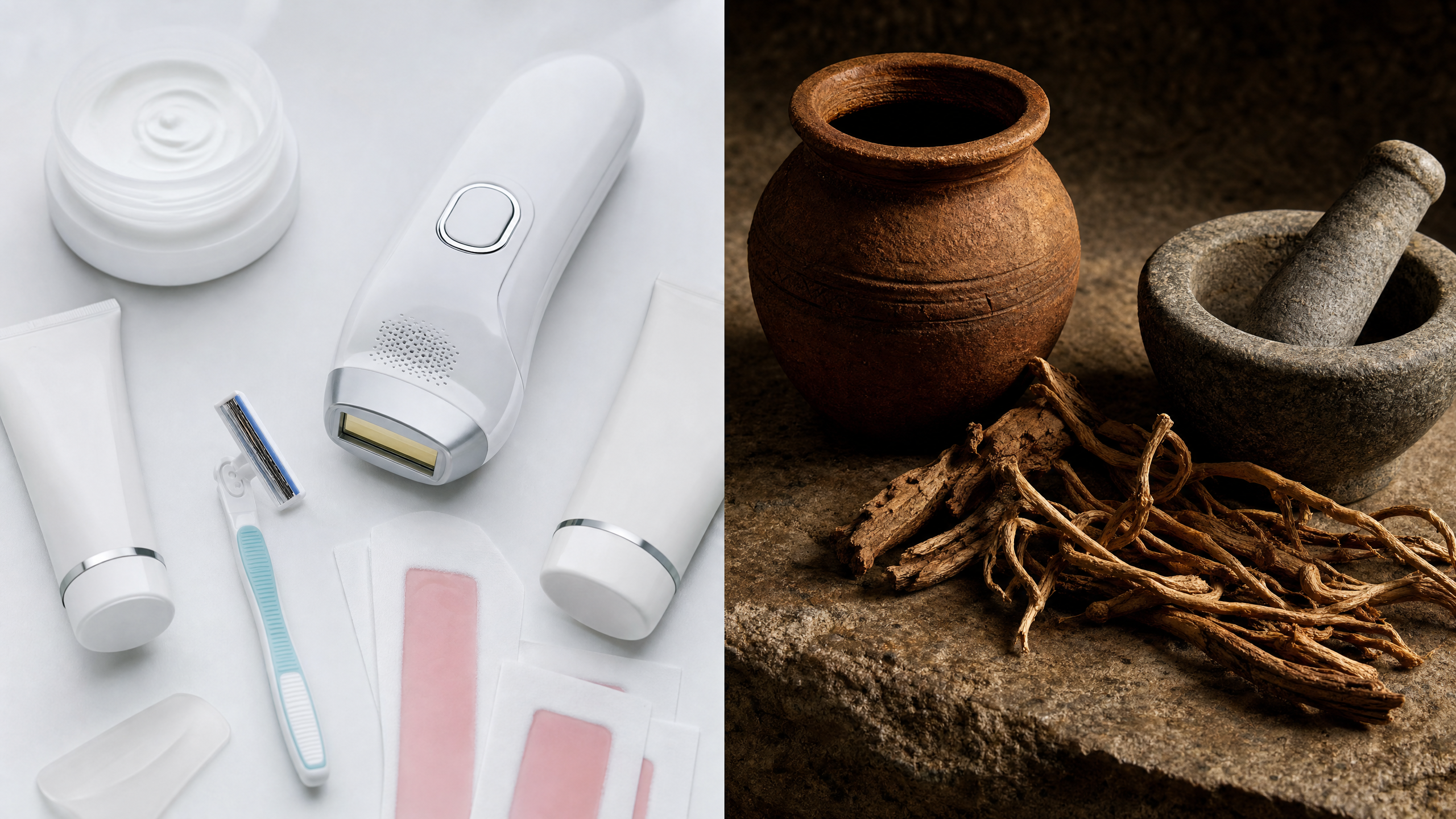 A split image showing modern hair removal products on one side and traditional herbs with a mortar and pestle on the other.