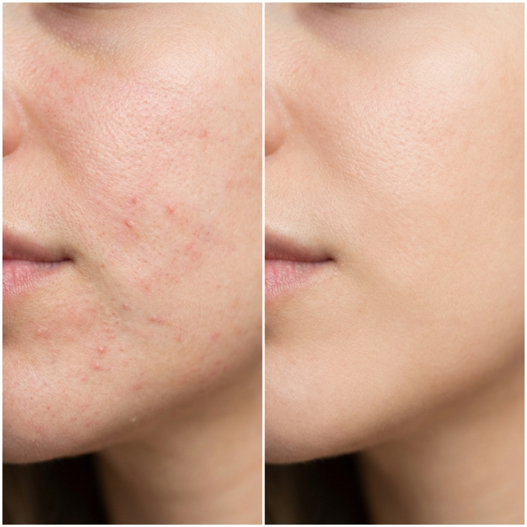 A before-and-after comparison showing facial skin with acne on the left and clear skin on the right.