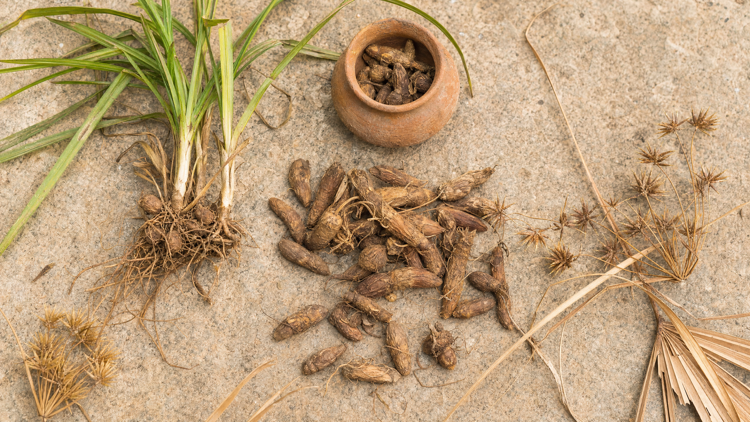 An overhead shot of a grassy plant, its roots, and a small clay pot on a stone surface.
