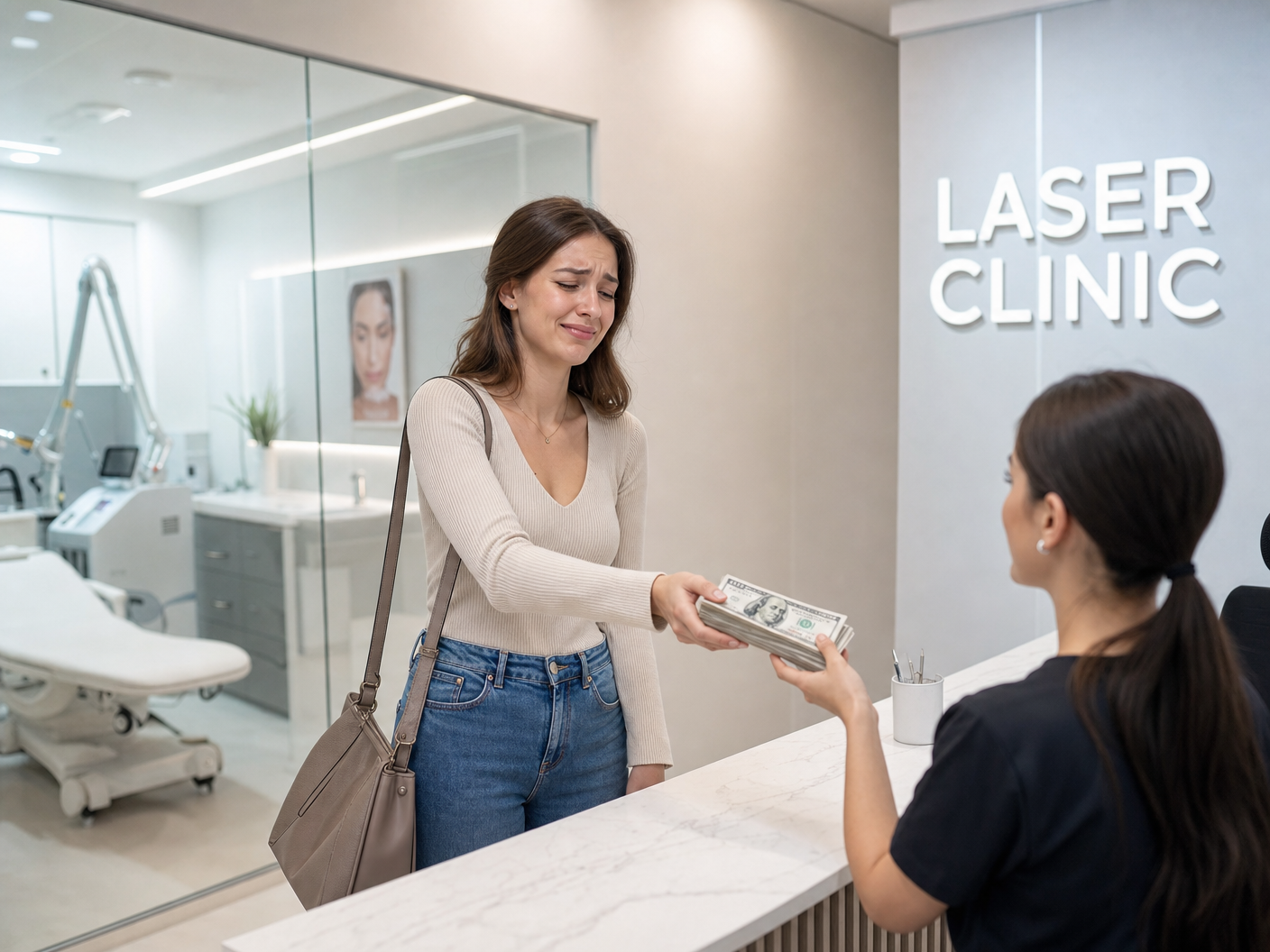 A crying woman hands a large stack of cash to a receptionist at a laser clinic front desk.