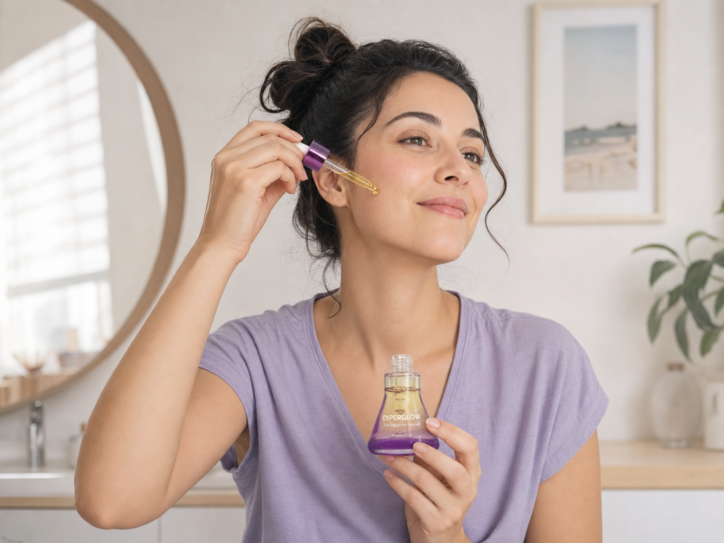 A woman with her hair up smiles as she applies a facial serum to her cheek with a dropper.