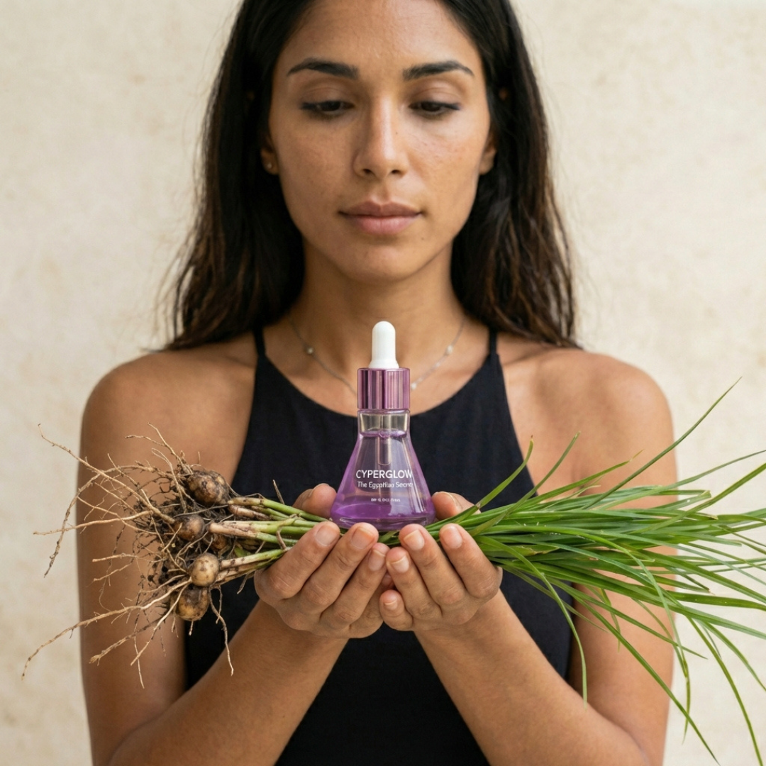 A woman holds a purple bottle of Cyperglow serum and a bunch of uprooted green plants with bulbs.