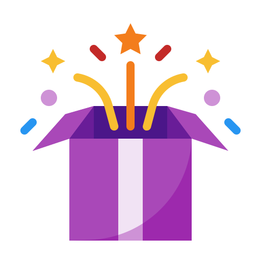 An illustration of an open purple box with colorful stars and confetti bursting out.