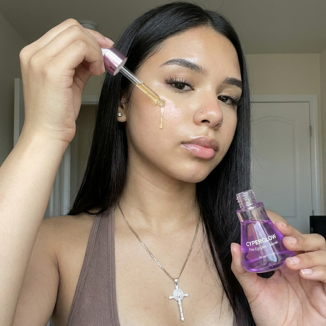 A young woman with long dark hair applies a golden serum to her face with a dropper.