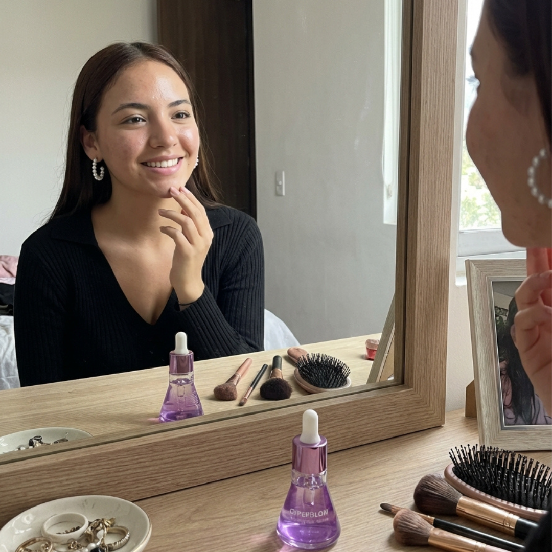 A woman smiles at her reflection in a mirror while sitting at a vanity with beauty products.