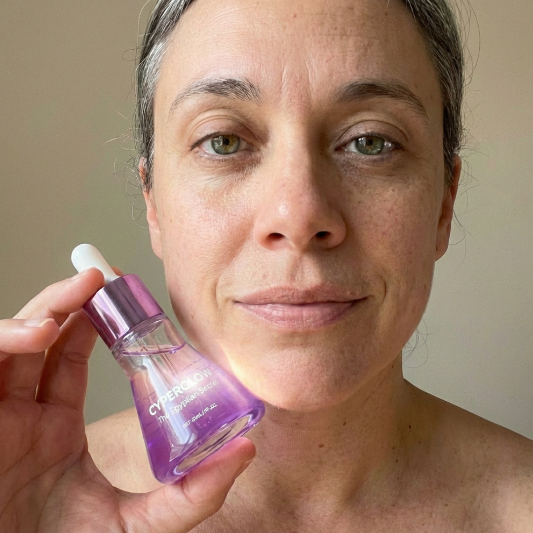 A woman with graying hair holds a small purple bottle of face serum up to the camera.