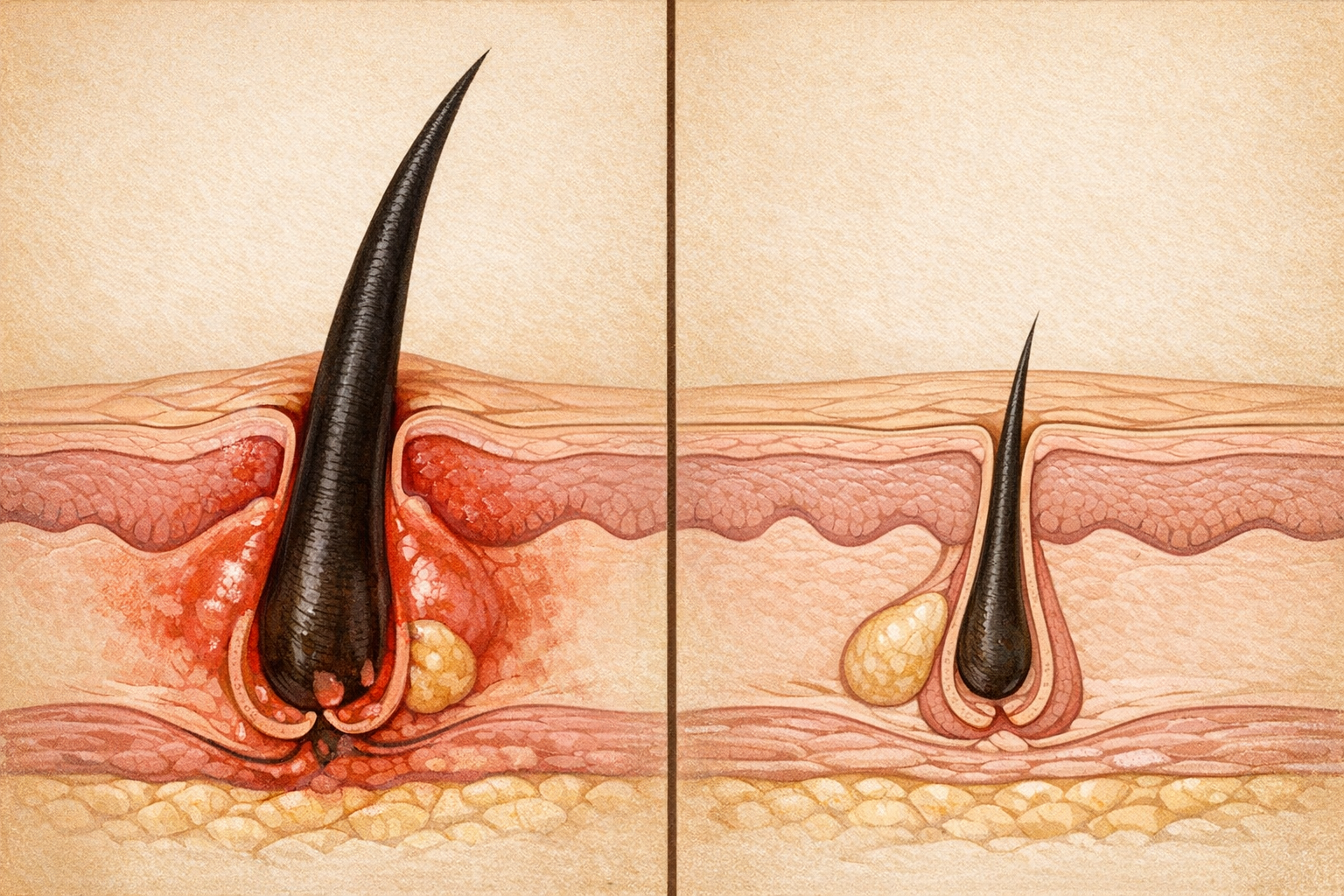 A side-by-side medical illustration comparing a large, inflamed hair follicle with a small, healthy hair follicle.