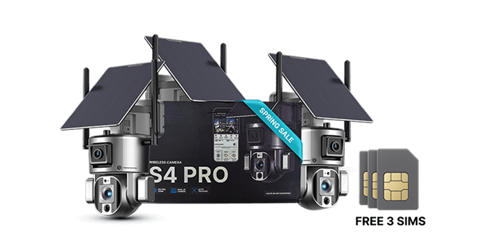 Premium Invention's S4 Pro 4G camera on sale, features a Spring Sale tag and includes 3 free SIMs