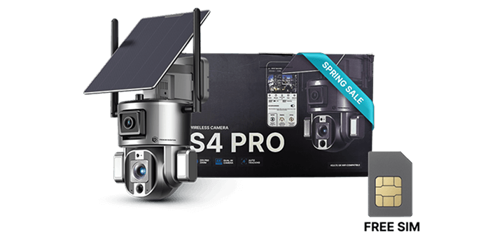 Premium Invention's S4 Pro 4G camera on sale, features a Spring Sale tag and includes 1 free SIM