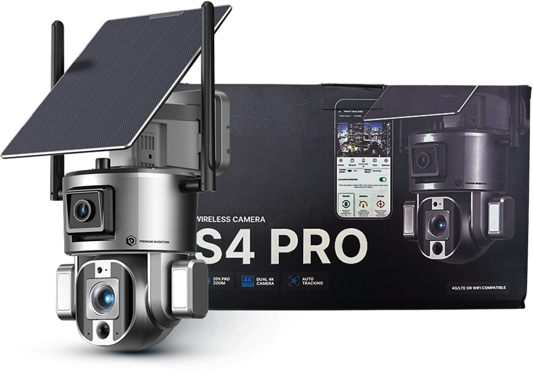 Wireless security camera with solar panel and packaging box labeled 'S4 Pro.'