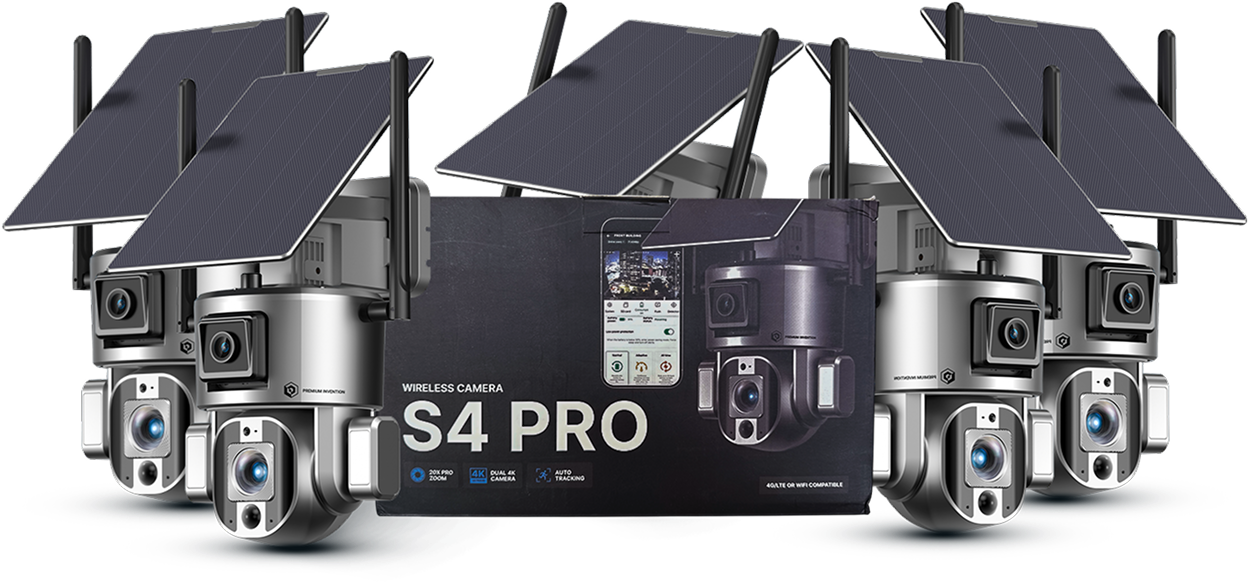 Wireless solar-powered security cameras with packaging labeled 'S4 PRO.'