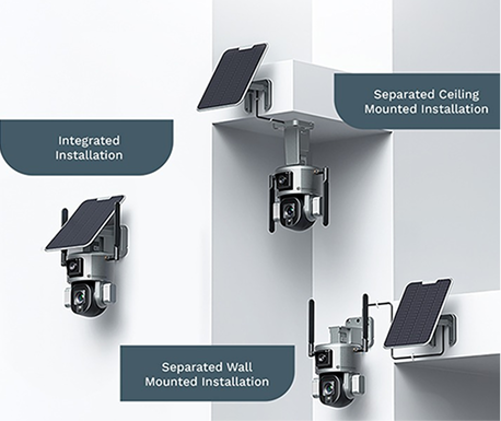 Various configurations of solar-powered security cameras for wall and ceiling mounting installations.