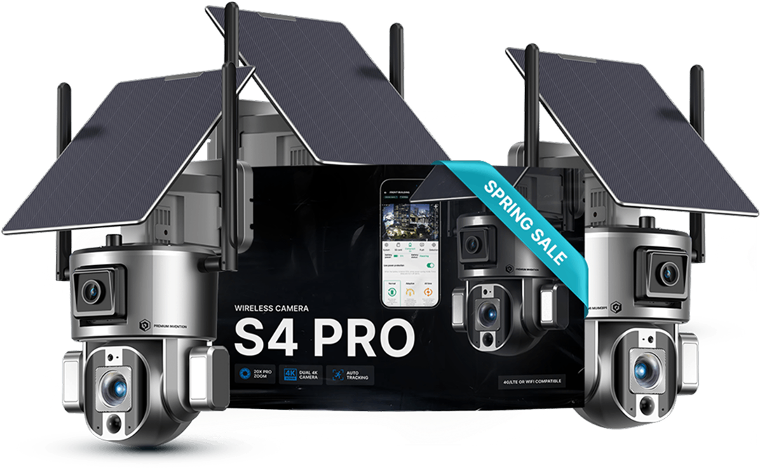 Two solar-powered wireless cameras with a spring sale banner.