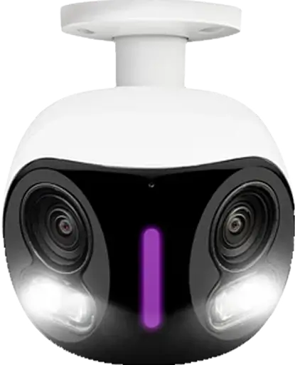 A dual-lens security camera with LED lights and a white casing.