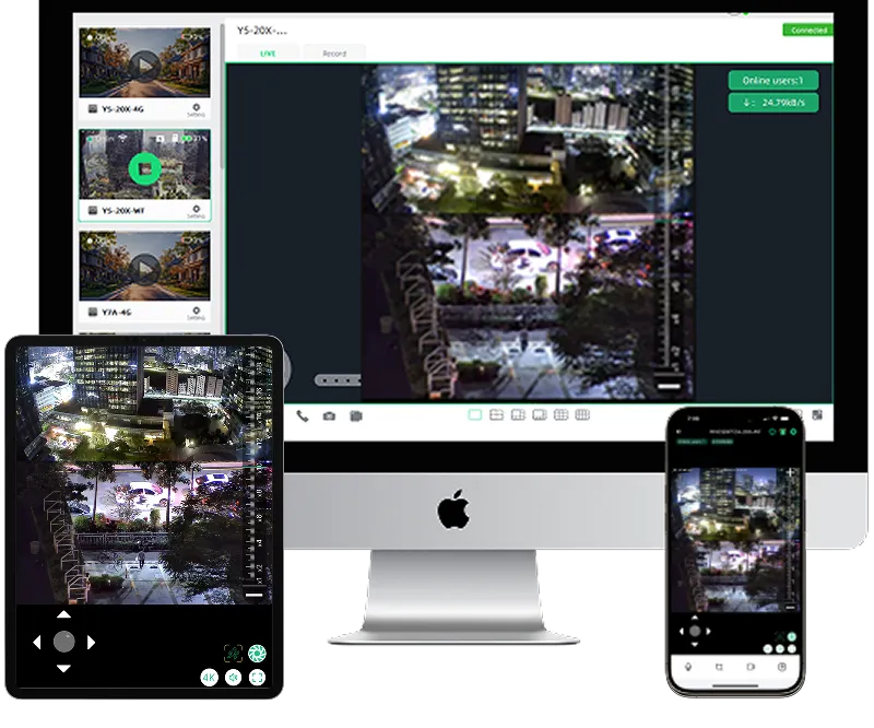 Computer, tablet, and phone displaying surveillance camera footage of urban areas.
