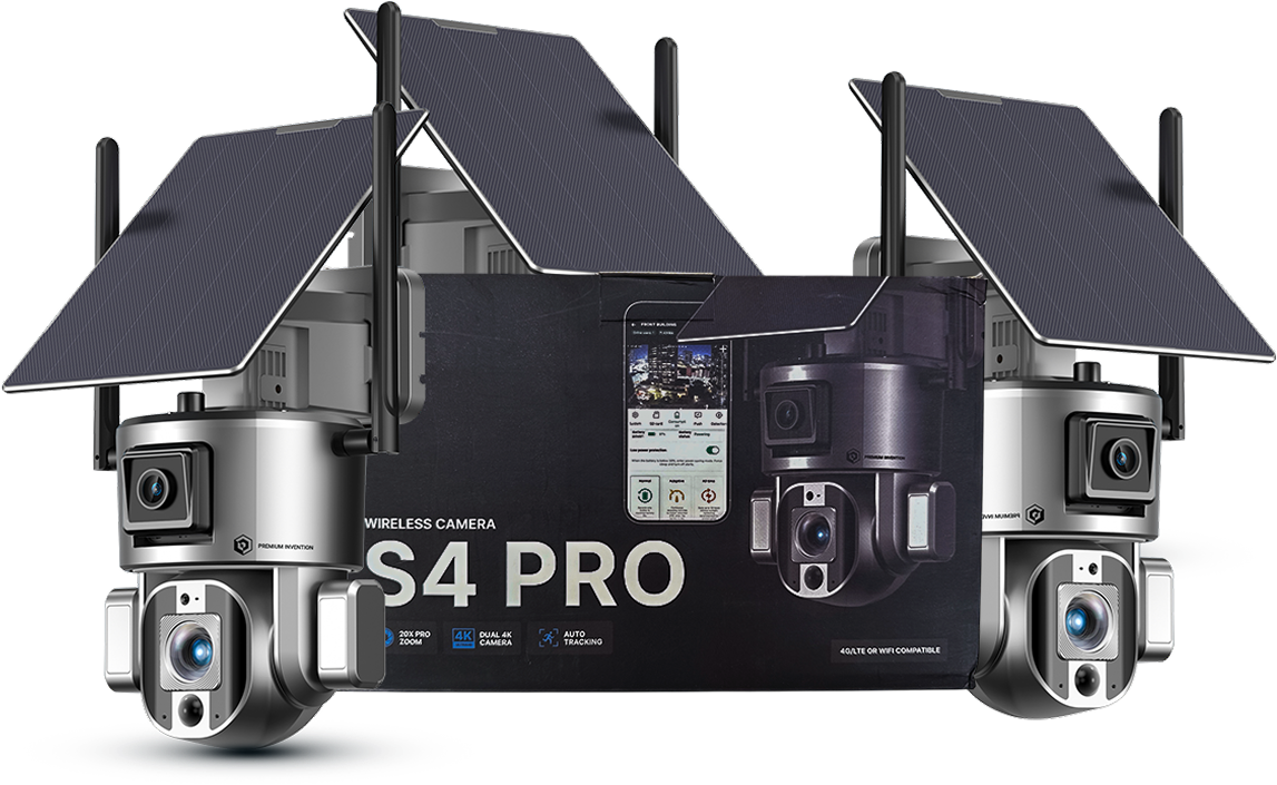 Two wireless cameras with solar panels and packaging labeled 'S4 Pro.'