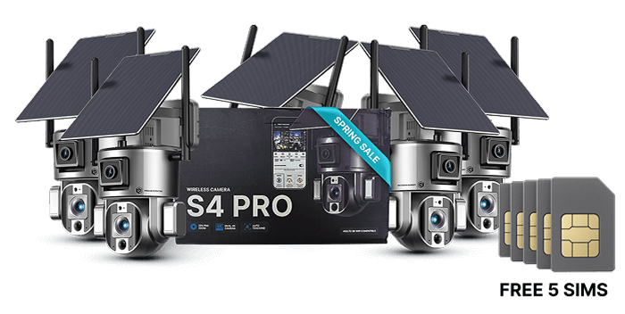 Premium Invention's S4 Pro 4G camera on sale, features a Spring Sale tag and includes 5 free SIMs