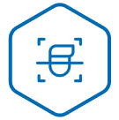 Blue hexagon with a stylized euro symbol inside.