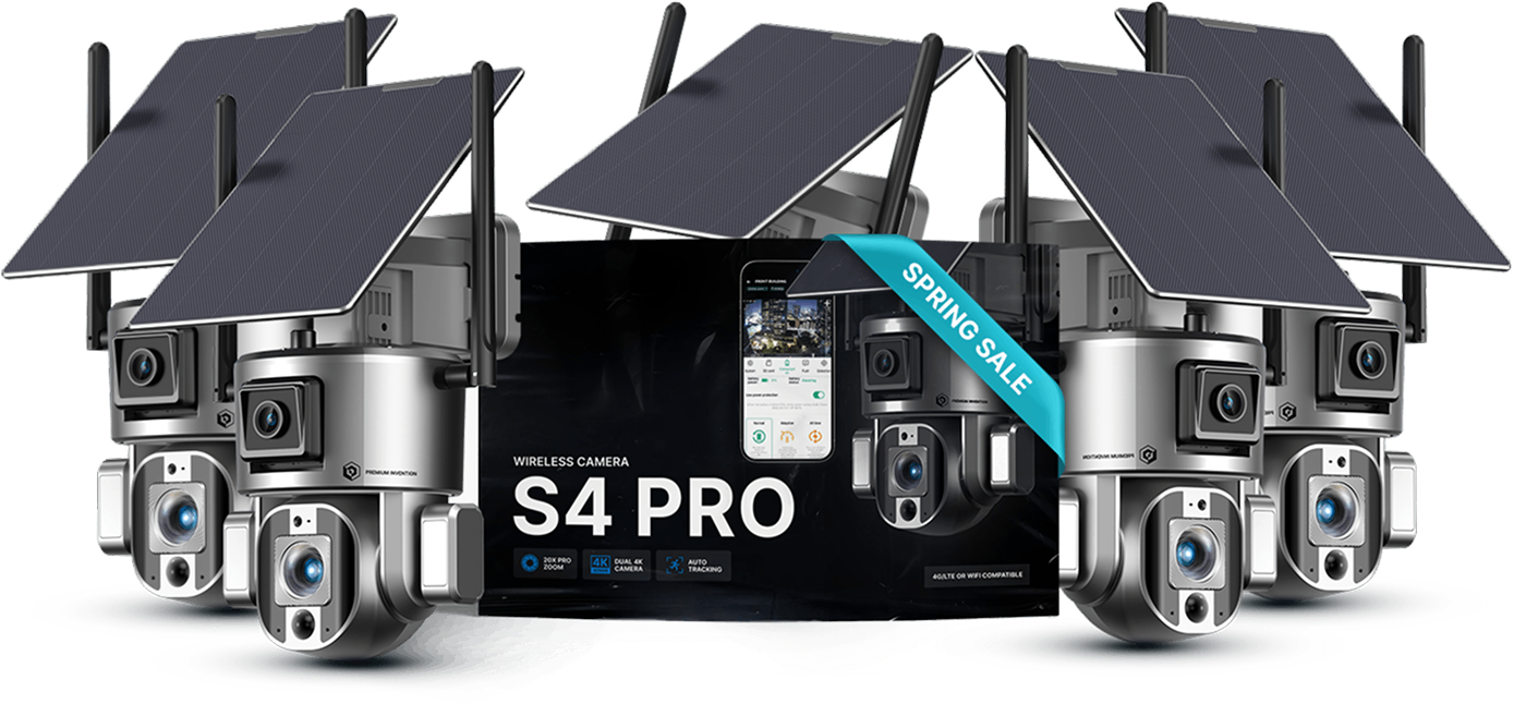 Wireless security cameras with solar panels, labeled S4 Pro, featuring a spring sale banner.