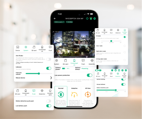 Smartphone displaying security camera app interface with multiple settings and control panels.