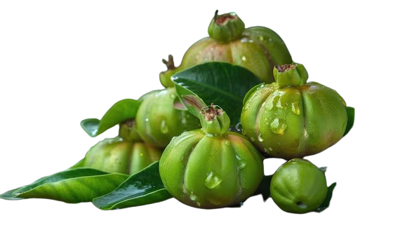 Green fruits with water droplets and leaves on a white background.