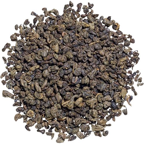 A pile of loose, dried tea leaves on a white background.